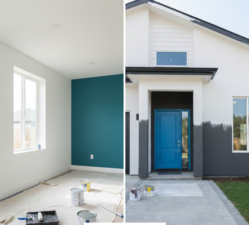 Professional home painting illustration showing interior and exterior painting transformation